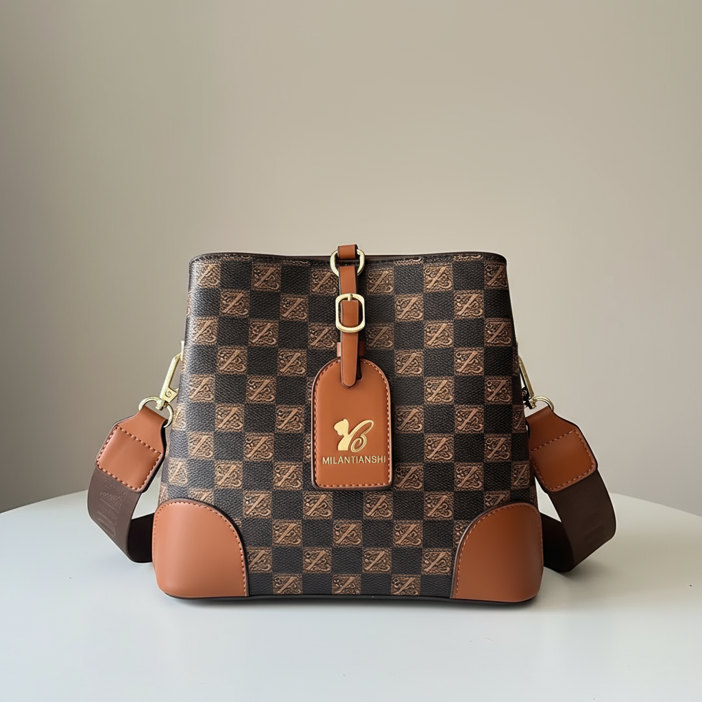 Checkered handbag with brown accents on a white surface, featuring the Milantanshi brand.