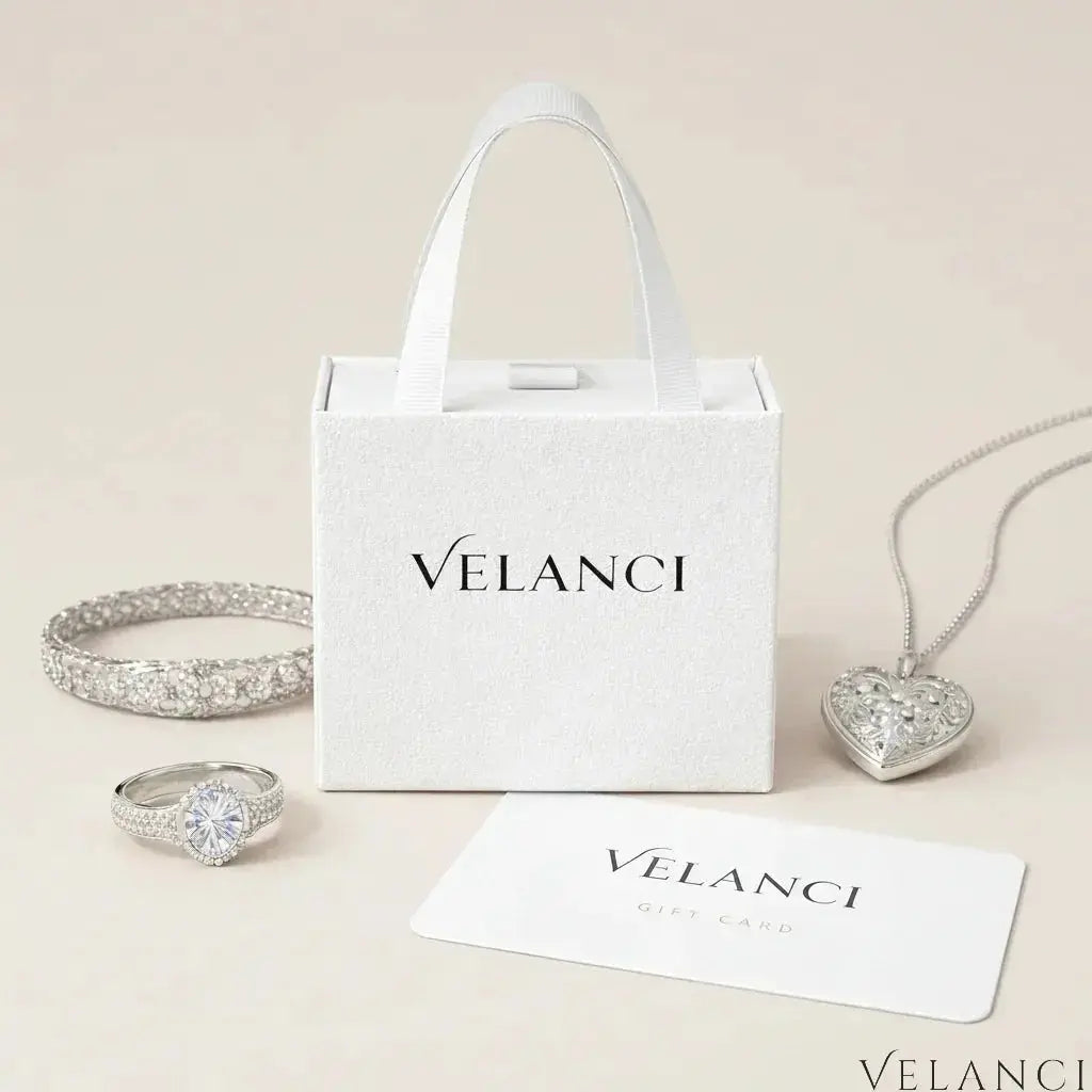 Velanci jewelry set including a heart-shaped pendant, ring, and bracelet on a beige background.