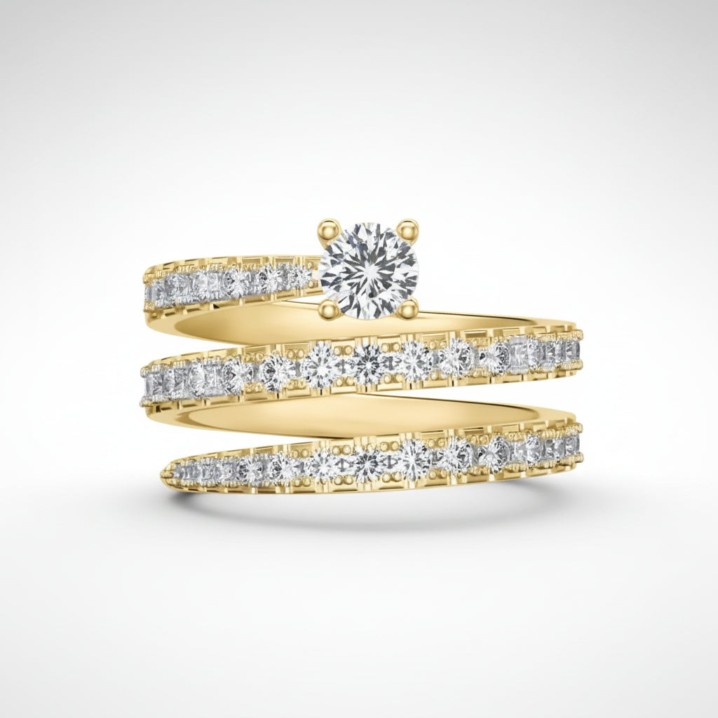 Vento Ring Francesca - Womens Ring With Center Diamond And Pavé Three Row Bands Stackable Velanci