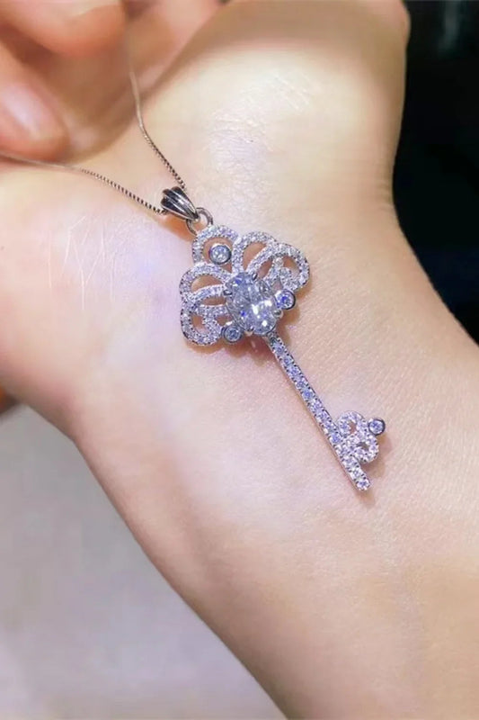 Moissanite Key Pendant Necklace - 1 Carat Platinum-Plated Velanci