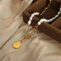 Pearl Coin Pendant Necklace - Gold Plated Titanium Chain Velanci