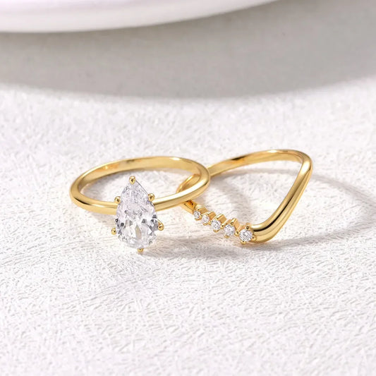 Moissanite Teardrop Two-Piece Ring Set Alessia - Elegant Duo Women's Ring Velanci