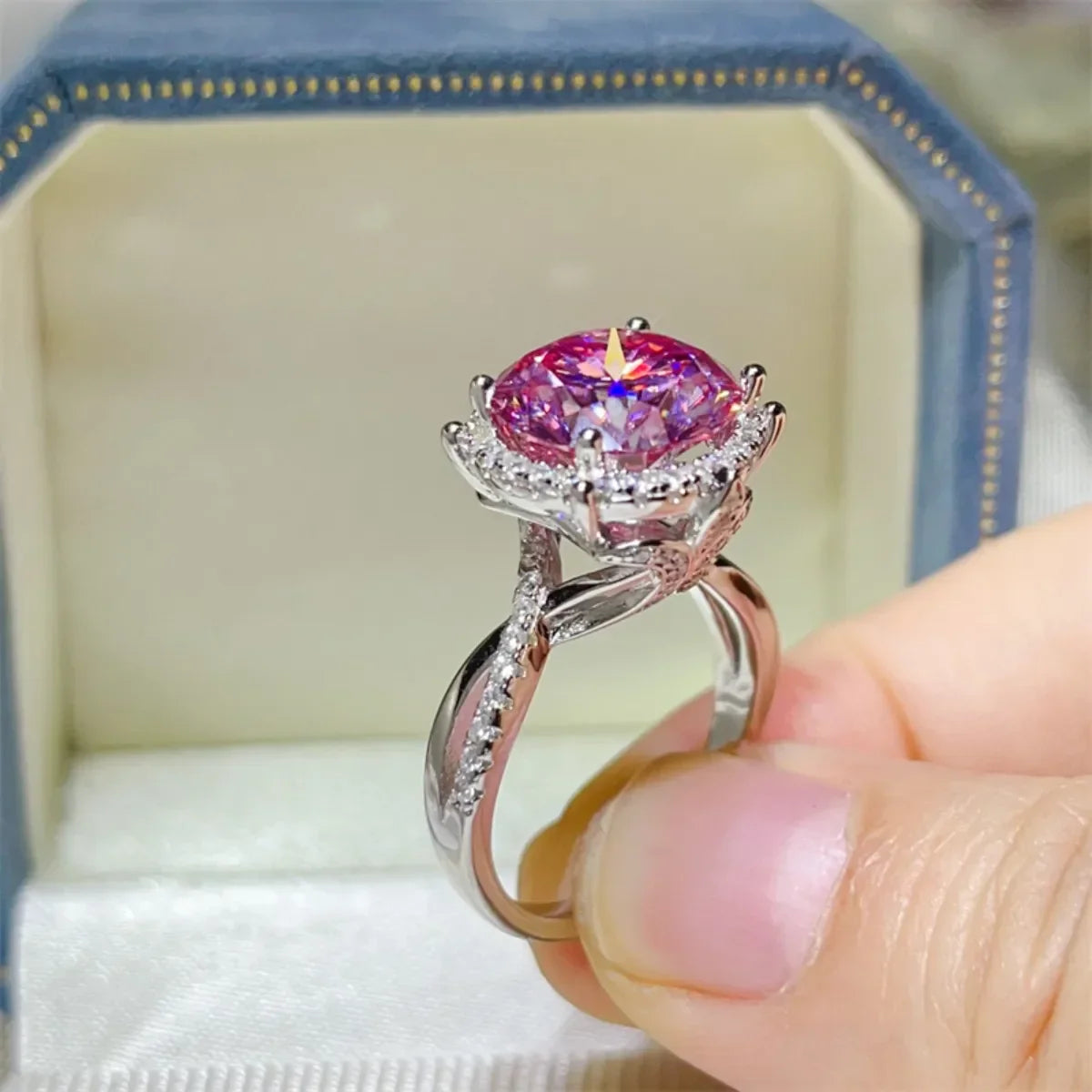Ring Giulia - 5 Carat Pink Moissanite Halo Platinum-Plated Women's Ring Velanci