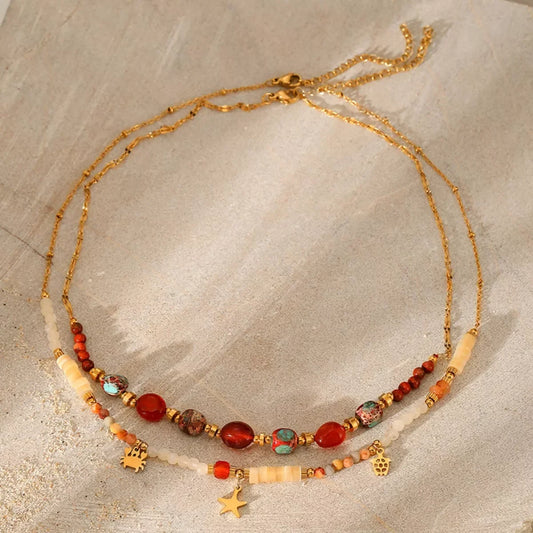 Two-Piece Set Necklace - 18K Gold-Plated Natural Stone Beads Velanci