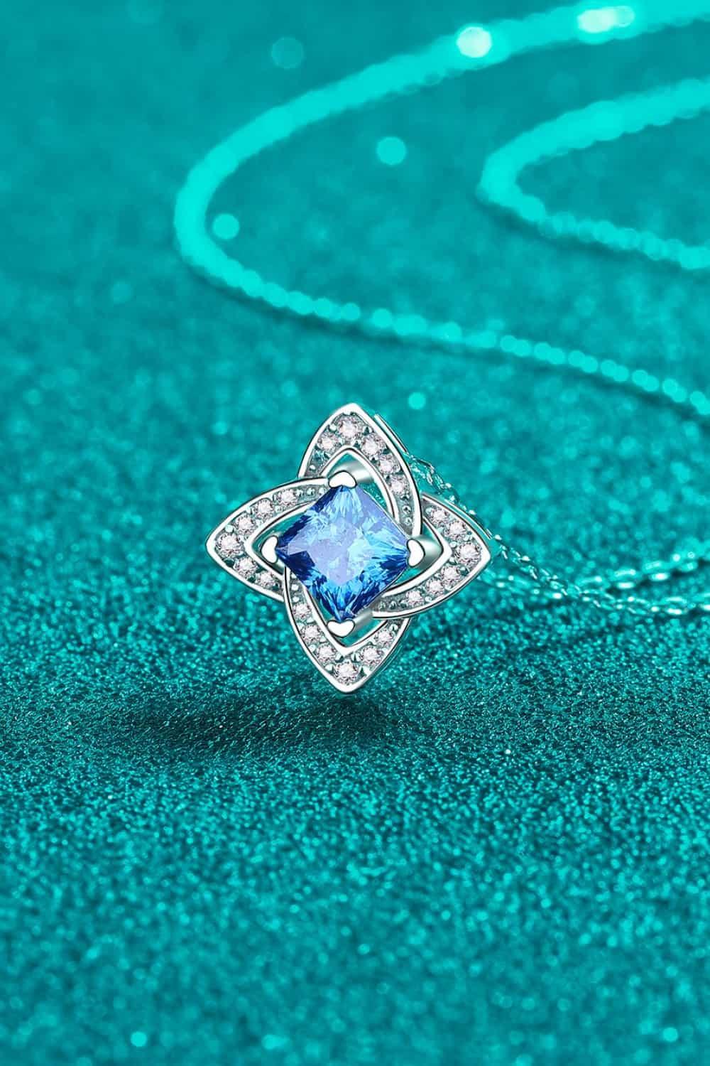 Blue Moissanite Floral Pendant Necklace - 1 Carat Halo Velanci