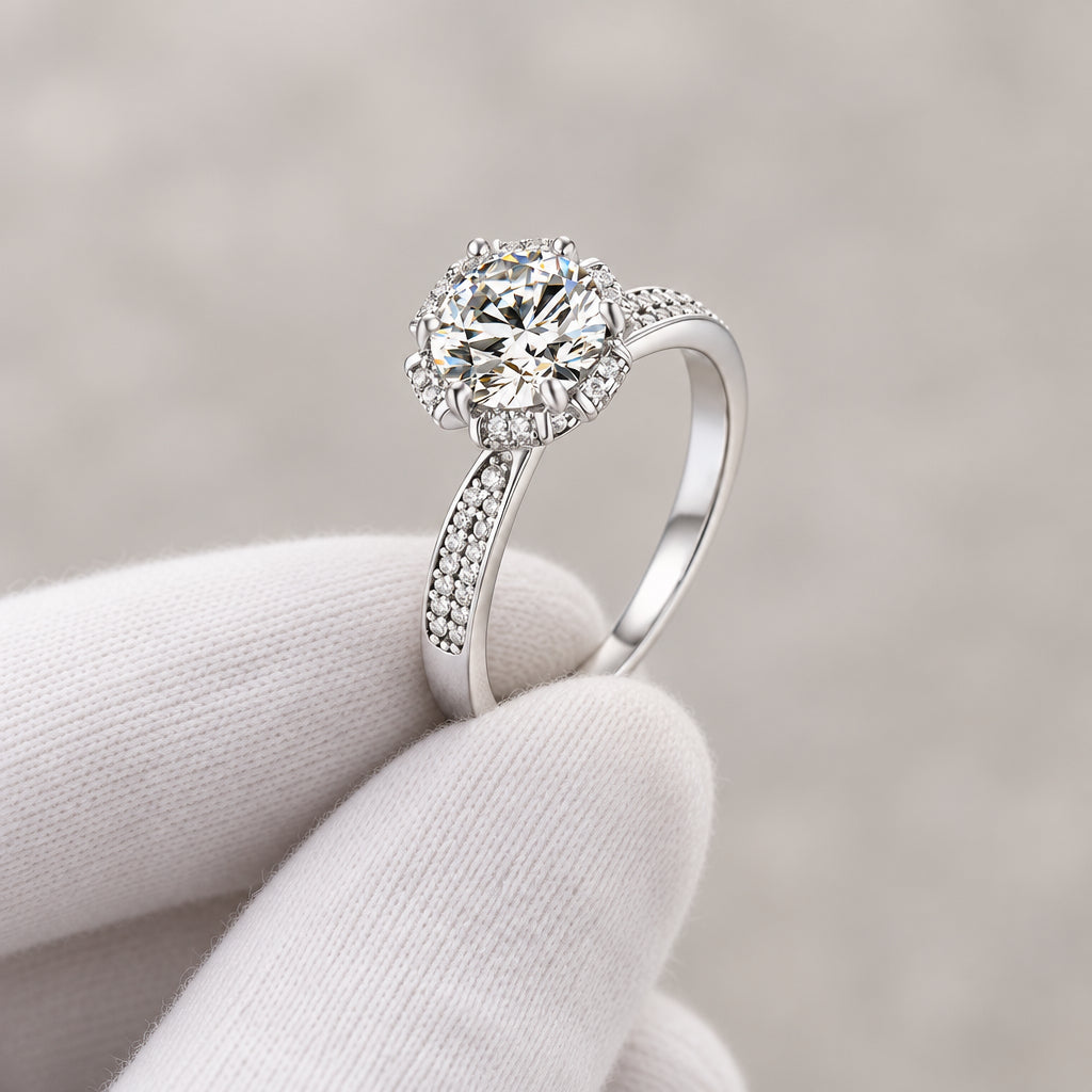 1 Carat Moissanite Ring Giulia - Halo Pave Band Shine Women's Ring Velanci