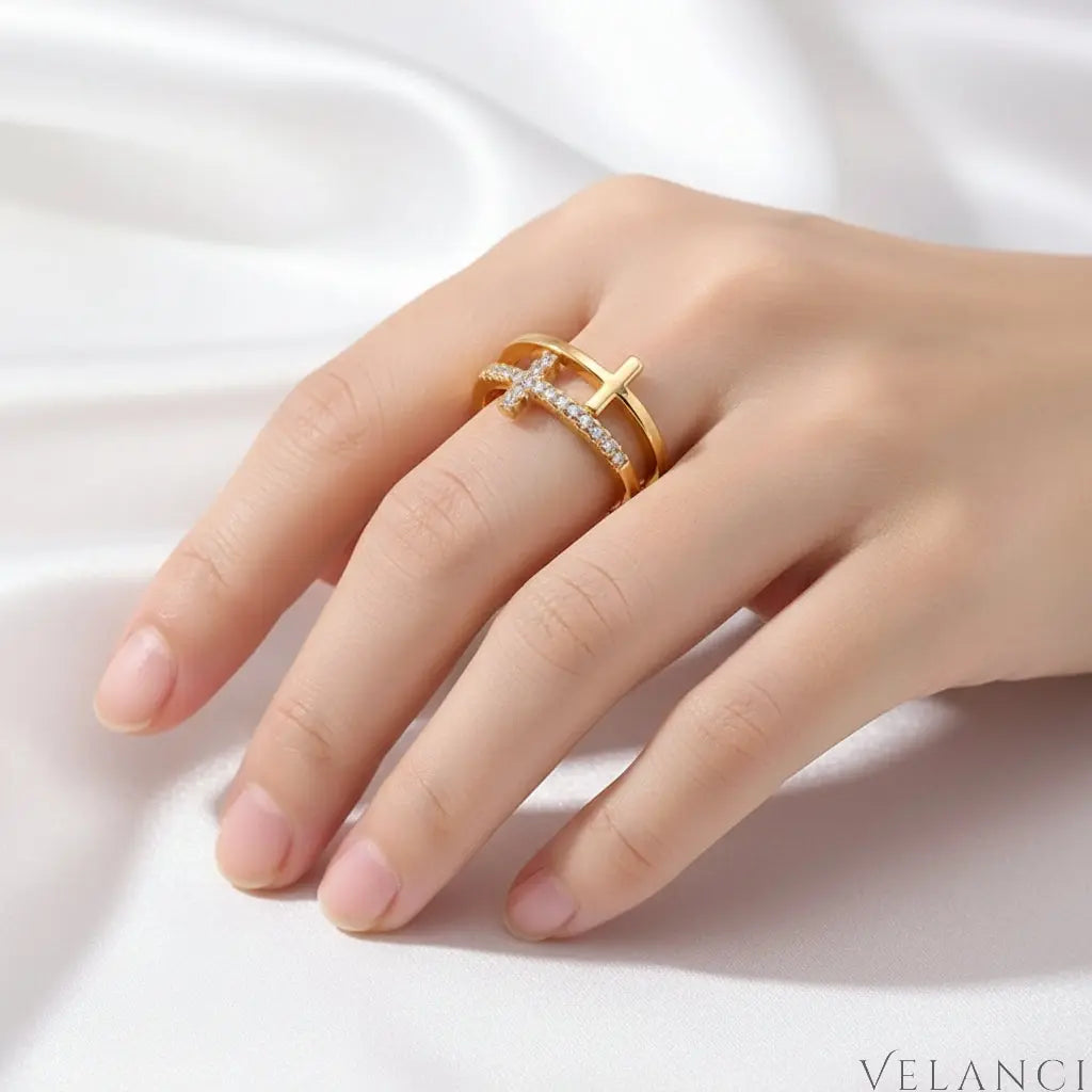 Open Ring Giulia - 18K Gold-Plated Rhinestone Cross Velanci