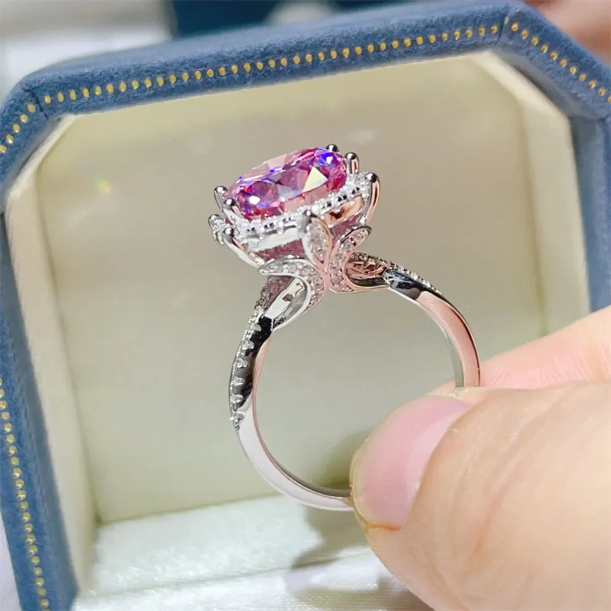 Ring Giulia - 5 Carat Pink Moissanite Halo Platinum-Plated Women's Ring Velanci