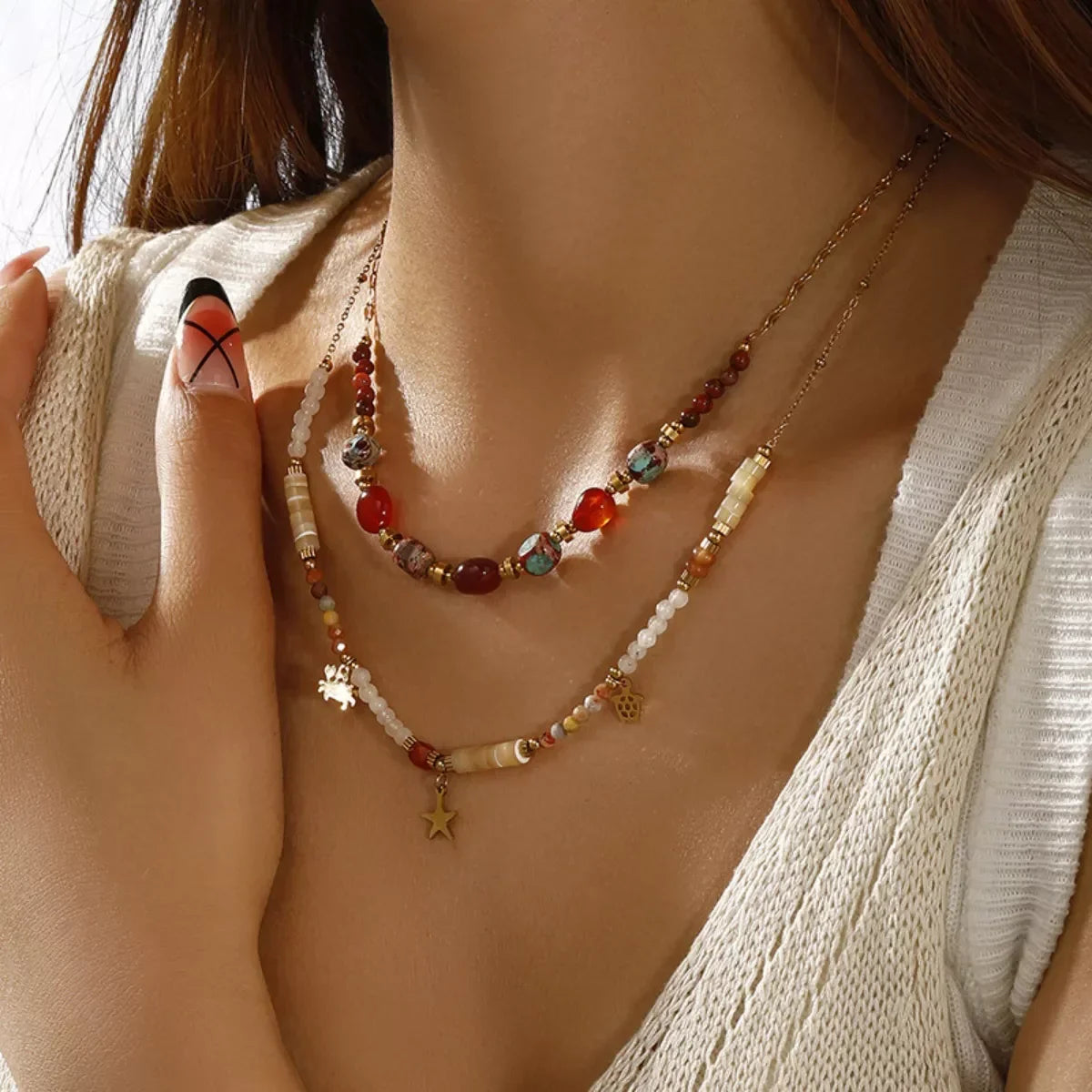 Two-Piece Set Necklace - 18K Gold-Plated Natural Stone Beads Velanci