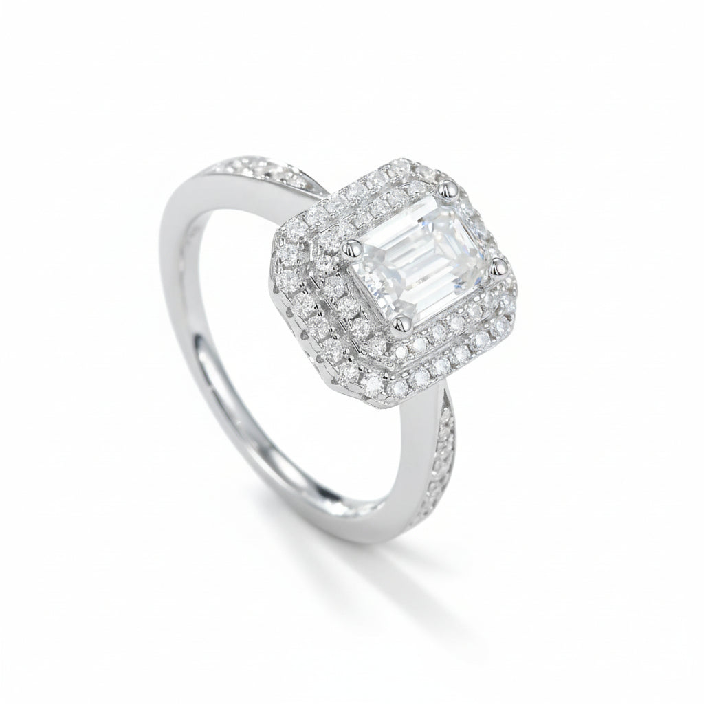 Moissanite Ring Giulia - 1ct Emerald Cut, D Color, Silver Women's Ring Velanci