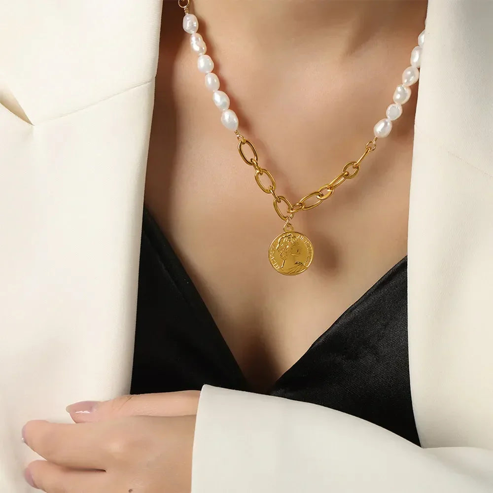 Pearl Coin Pendant Necklace - Gold Plated Titanium Chain Velanci