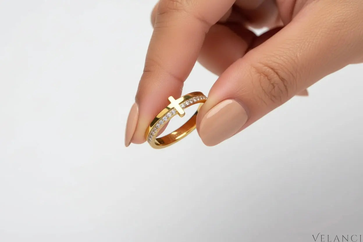 Sterling Cross Ring Giulia - Zircon Accent Minimalist Band Velanci