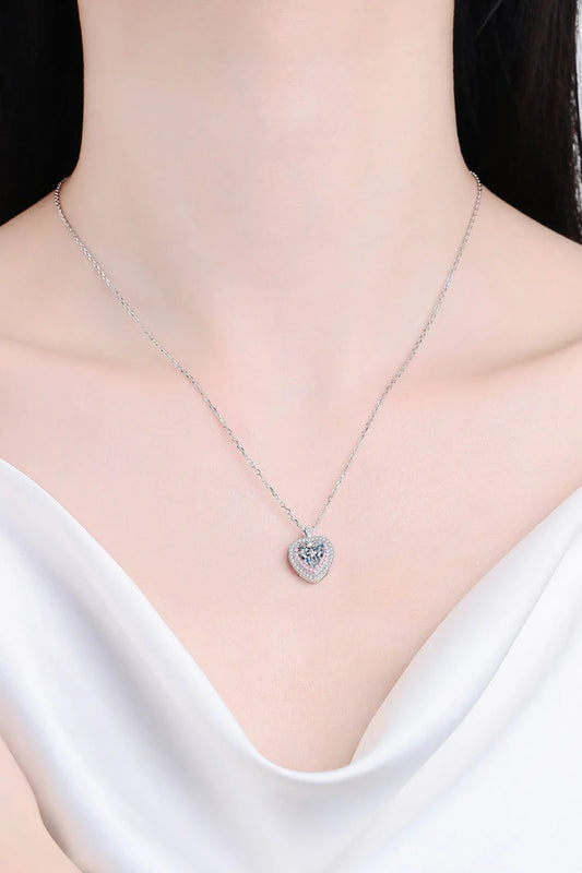 Sterling Silver 1ct Moissanite Heart Pendant Necklace - Halo Velanci