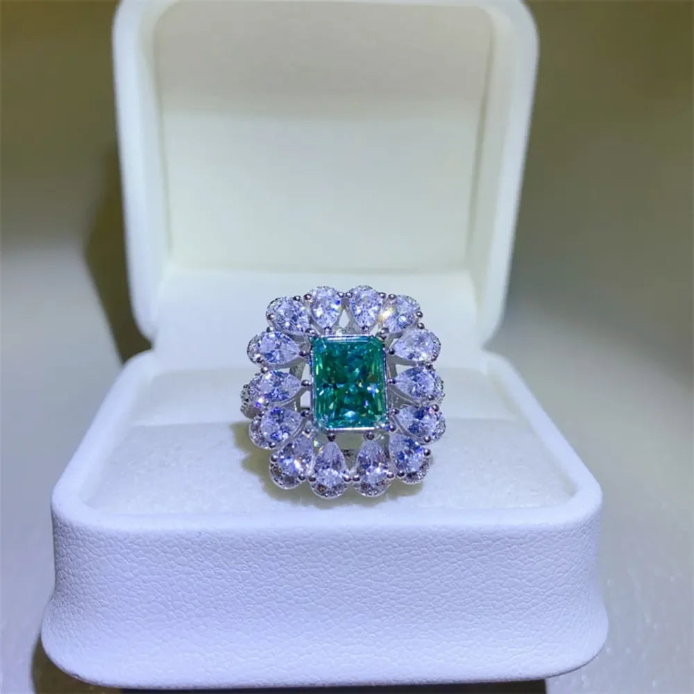 Ring Elena - 3ct Emerald-Cut Moissanite Halo Sterling Silver Women's Ring Velanci