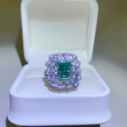 Ring Elena - 3ct Emerald-Cut Moissanite Halo Sterling Silver Women's Ring Velanci