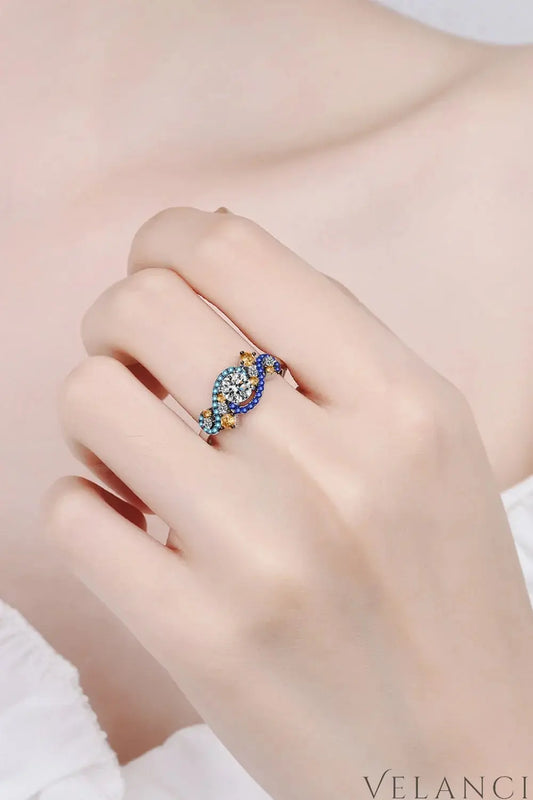 Moissanite Ring Valentina - Blue-Orange Halo Half Carat Women's Ring Velanci