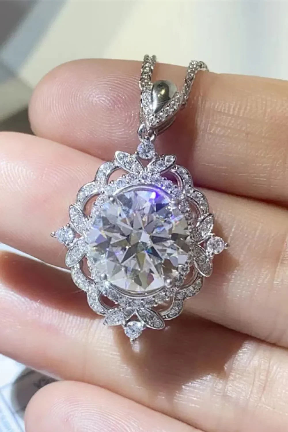 Moissanite Halo Sterling Silver Necklace Velanci