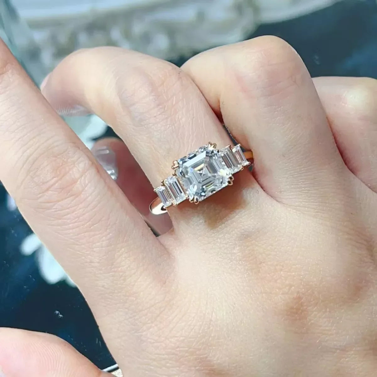 Moissanite Ring Francesca - 3ct Rose-Gold Emerald-Cut Women's Ring Velanci
