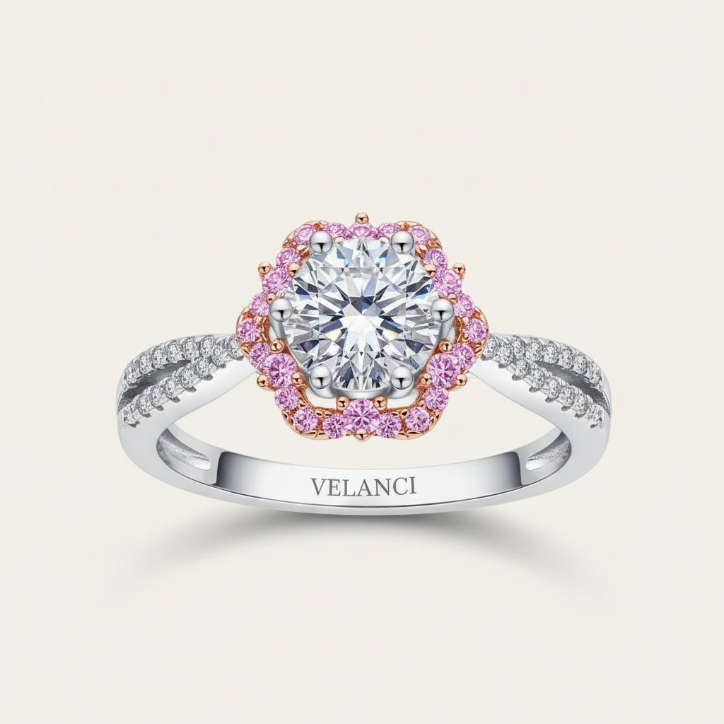 Moissanite Ring Ginevra - 1 Carat Flower-Cross Halo Women's Ring Velanci