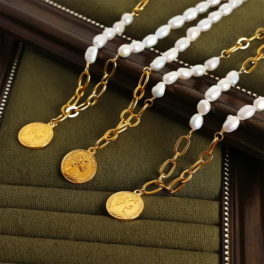 Pearl Coin Pendant Necklace - Gold Plated Titanium Chain Velanci