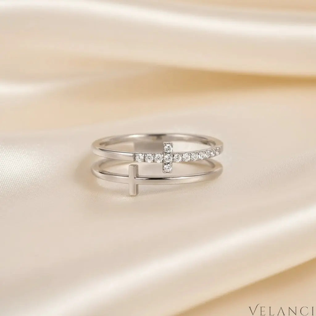 Double Band Cross Ring Lucia - Zircon Accents, Plated Velanci