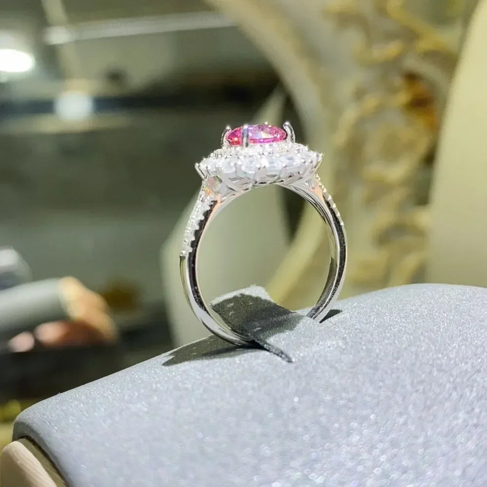 Moissanite Zircon Sterling Silver Ring Giovanna - Pink Halo Women's Ring Velanci