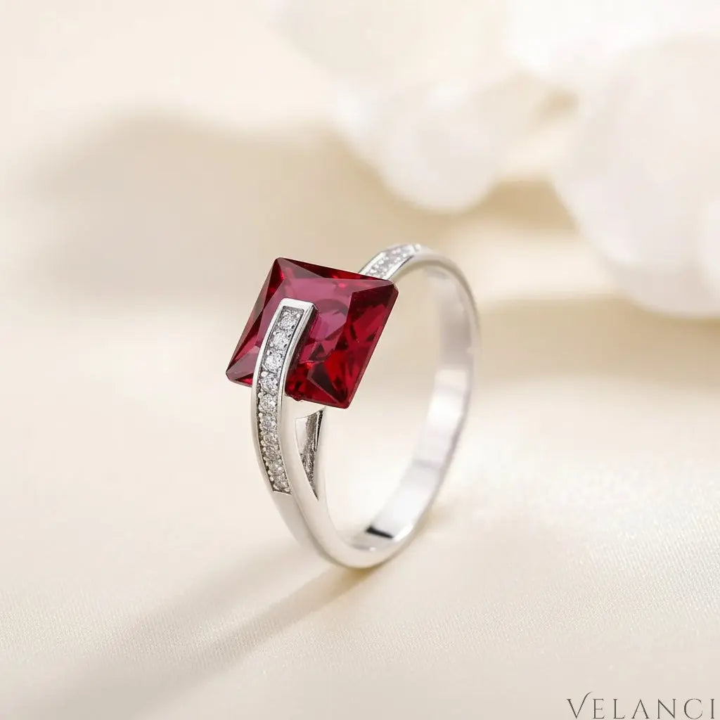 Platinum-Plated Square Ring Bianca - Bold Red Zircon Velanci