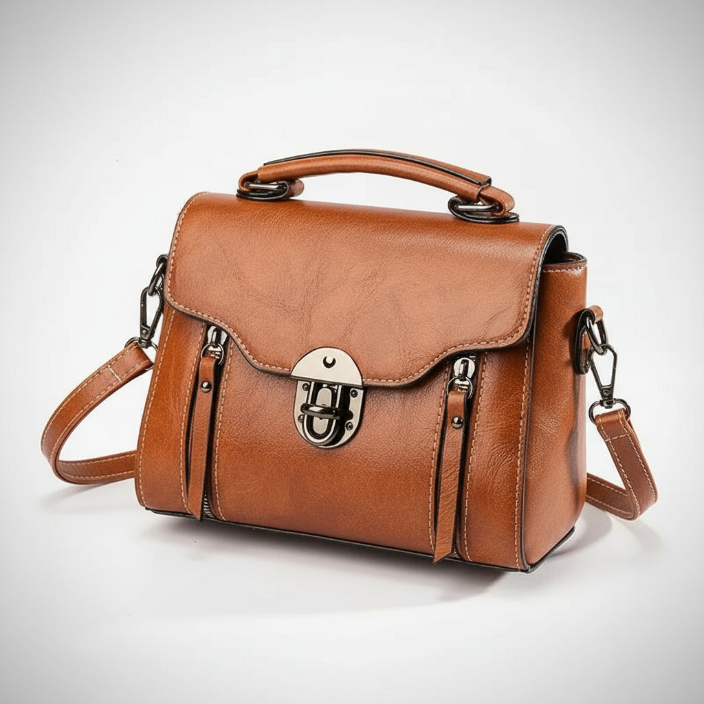 Brown leather handbag with a silver clasp on a beige background
