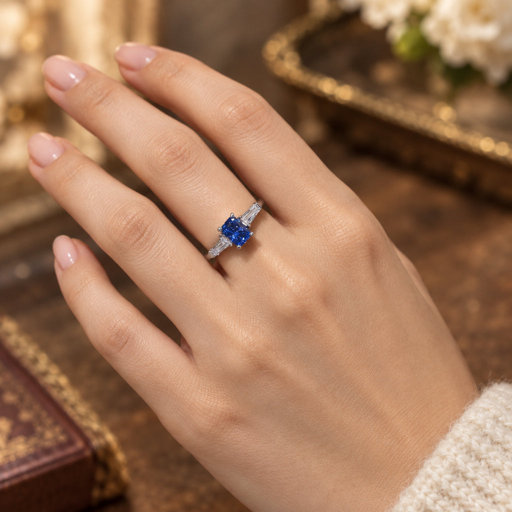 1 Carat Moissanite Ring Lucia - Blue Rectangle Ring Women's Ring Velanci