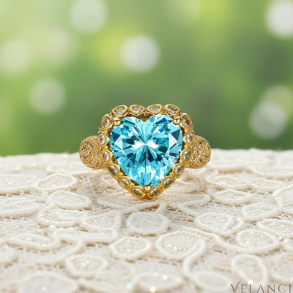 18K Plated Heart-Shaped Zircon Ring Giulia - Blue Halo Women's Ring Velanci