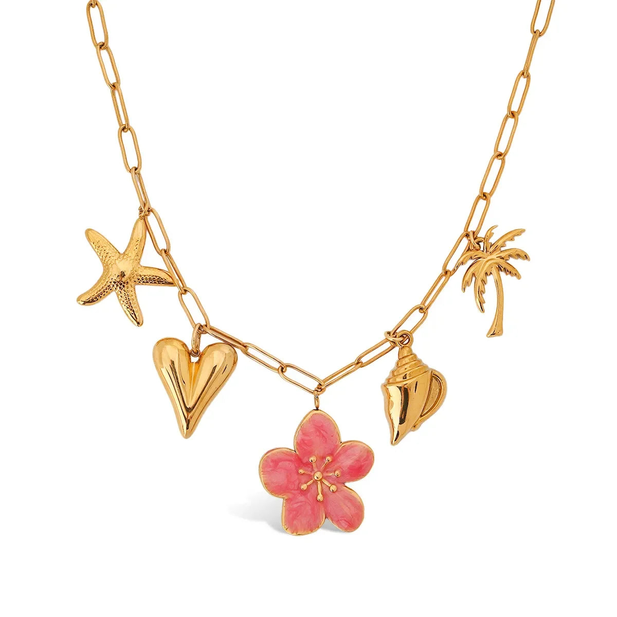 Coastal Beach Pendant Necklace - Pink Resin Flower Charm Velanci