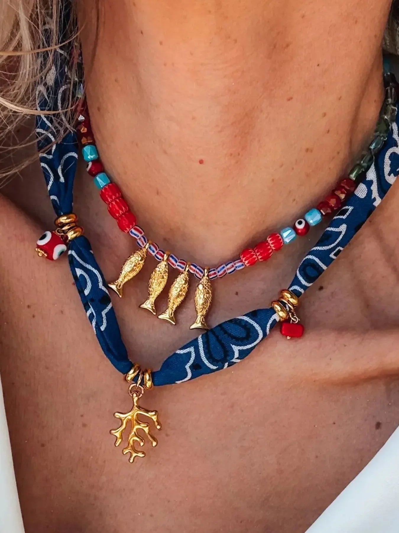 Coral And Fish Pendant Necklace - Gold Plated Coastal Charm Velanci