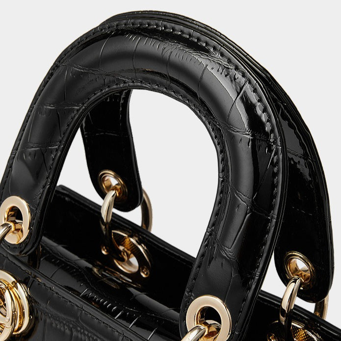 Croc-Embossed Genuine Leather Top-Handle Bag in Creamy White and Black