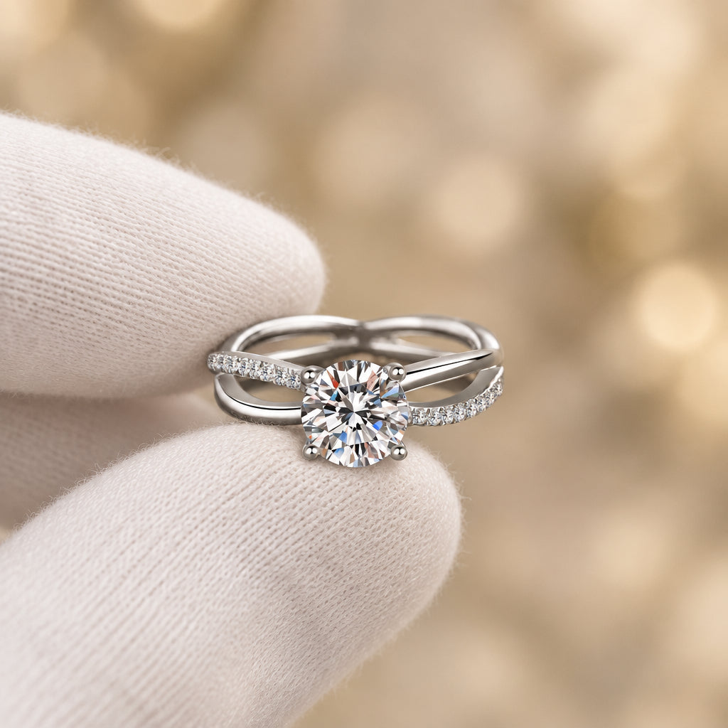 1 Carat Moissanite Ring Giulia - Crisscross Split Shank Women's Ring Velanci