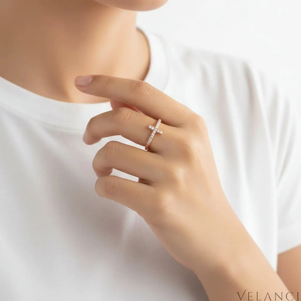 Cross Ring Giulia - Sterling Rose Gold Plated Pave Zircon Velanci