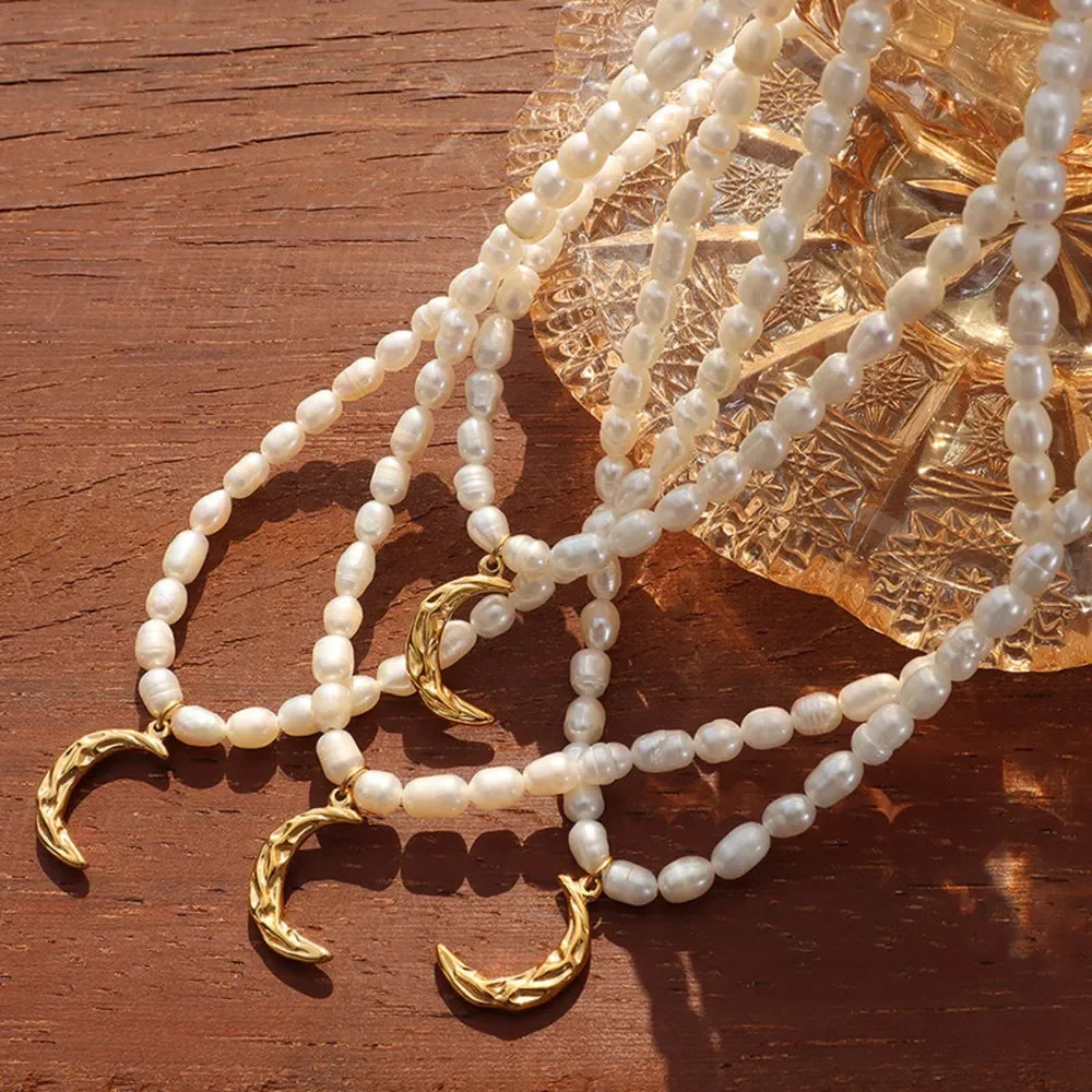 Freshwater Pearl Moon Pendant Necklace - Moon Charm Velanci