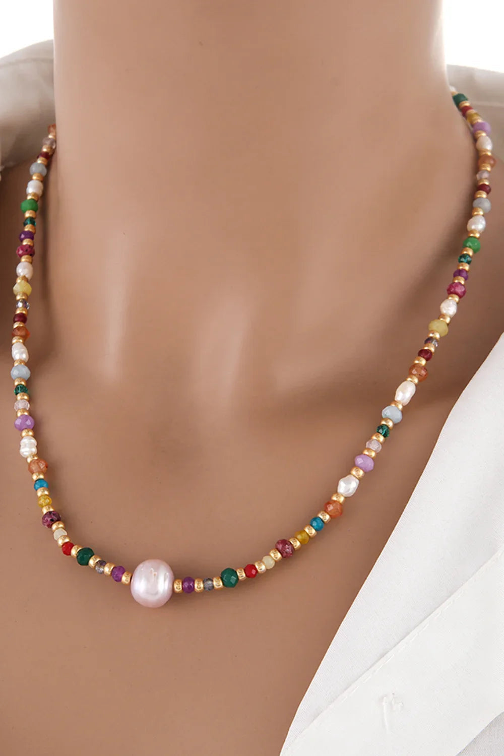 Coastal Bead Necklace - Multicolor Beads, Pearls, Crystals Velanci