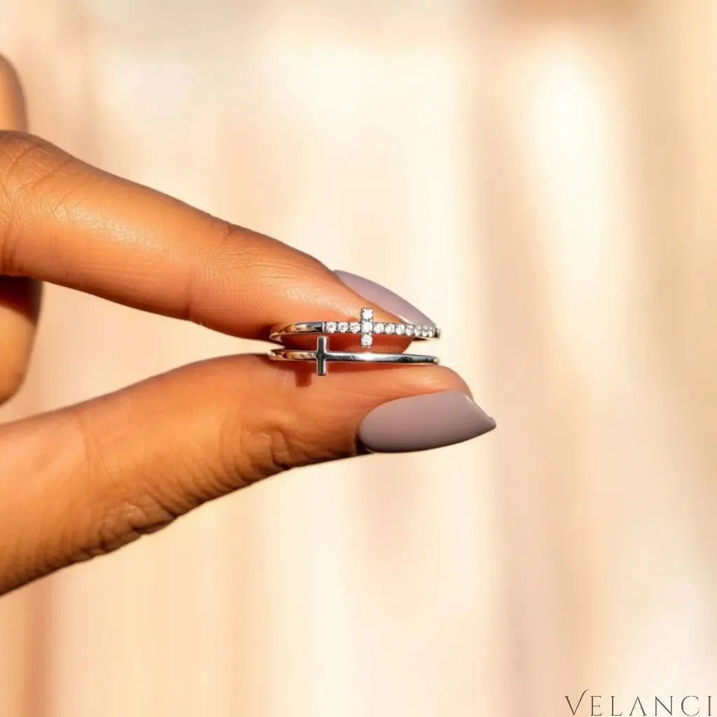 Double Band Cross Ring Lucia - Zircon Accents, Plated Velanci