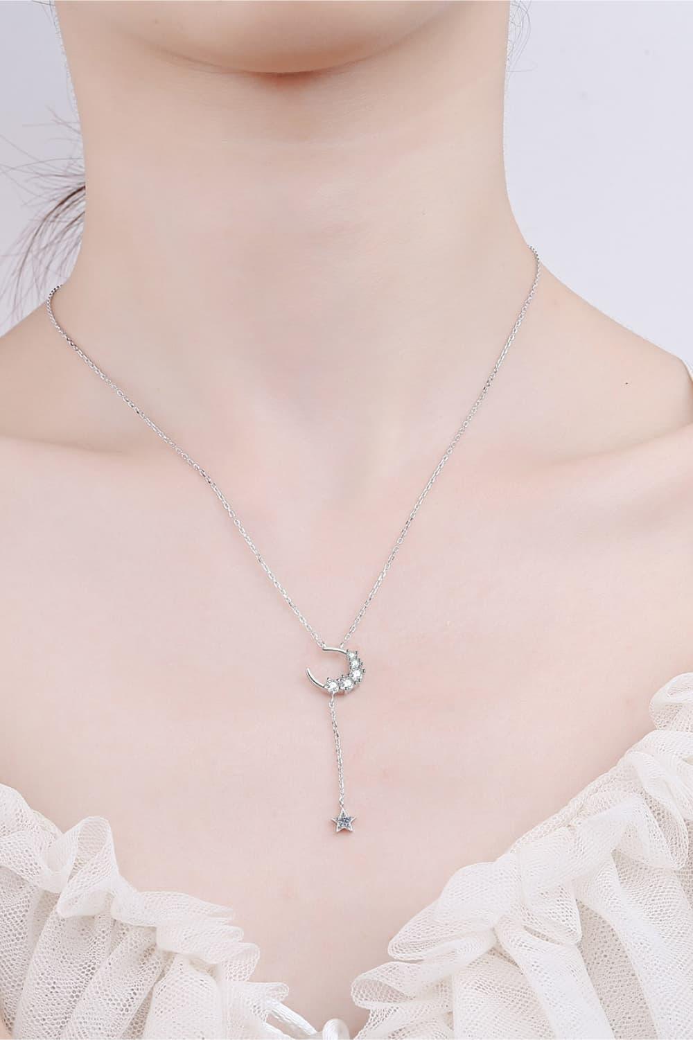 Star Moon Moissanite Necklace - Crescent Moon Sparkle Velanci