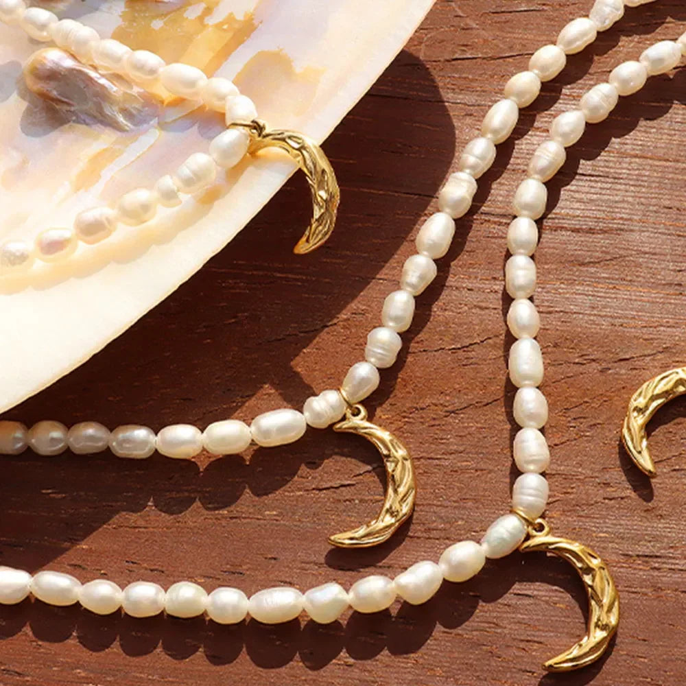 Freshwater Pearl Moon Pendant Necklace - Moon Charm Velanci