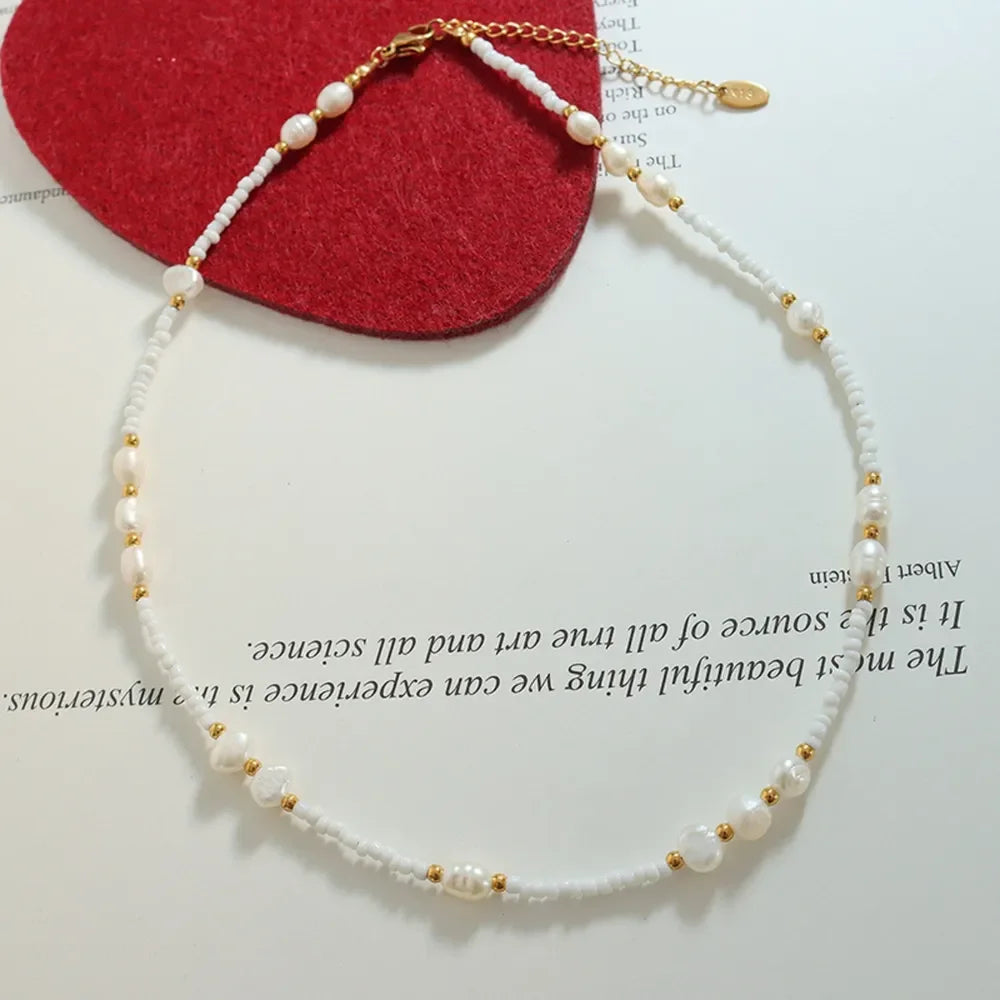Freshwater Pearl Bead Necklace - Durable Titanium Steel Velanci