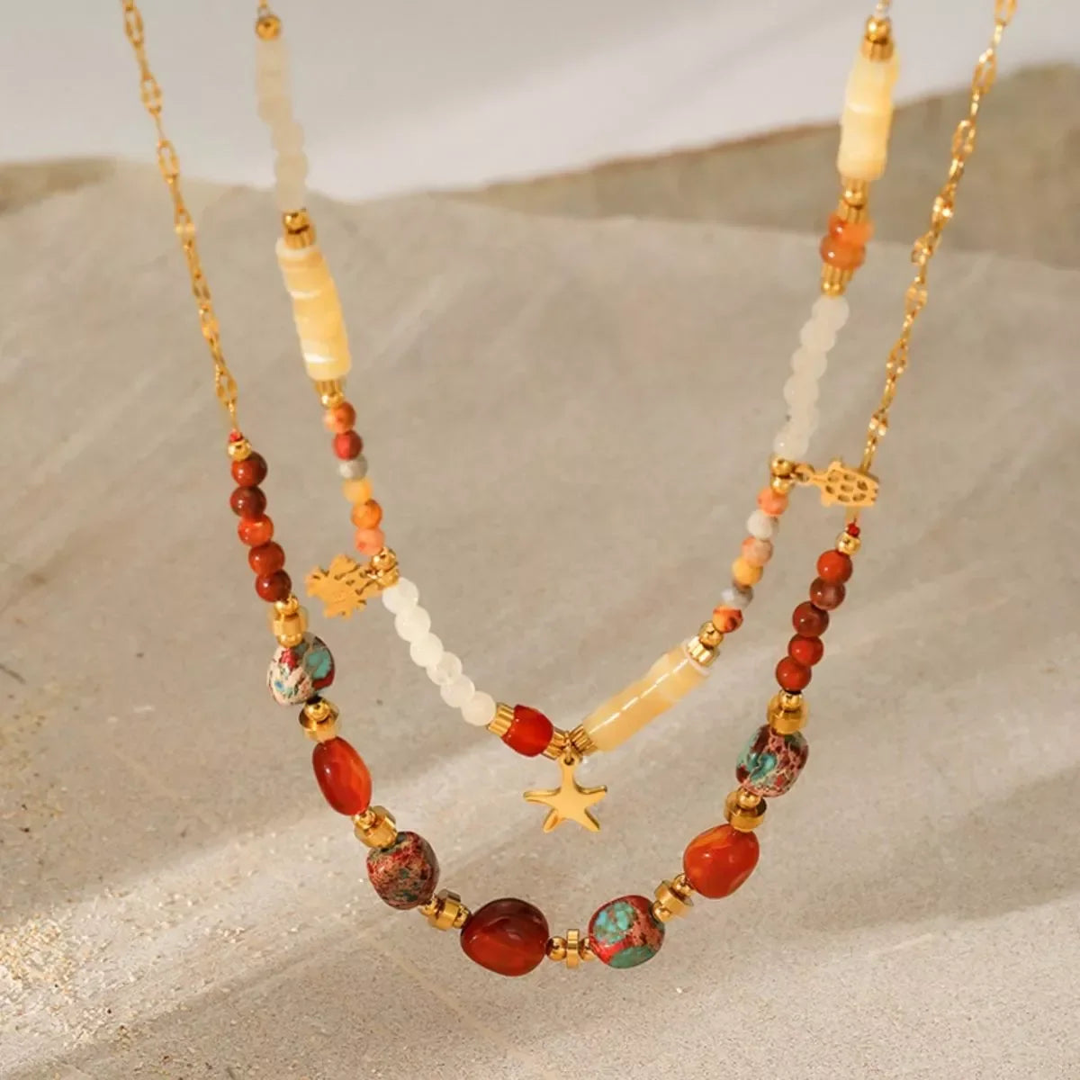 Two-Piece Set Necklace - 18K Gold-Plated Natural Stone Beads Velanci