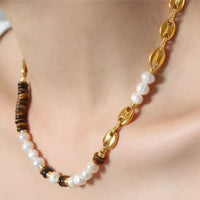 Tiger's Eye Freshwater Pearl Necklace - 18K Gold-Plated Velanci