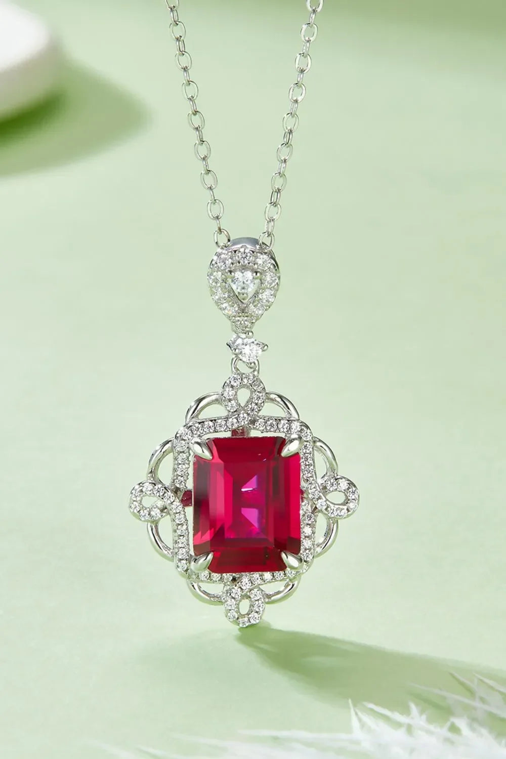 Sterling Silver Ruby Pendant Necklace - Pave Accents Velanci