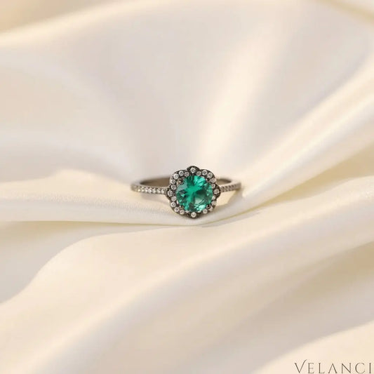 Sterling Silver Zircon Minimalist Ring Luna - Emerald Halo Women's Ring Velanci