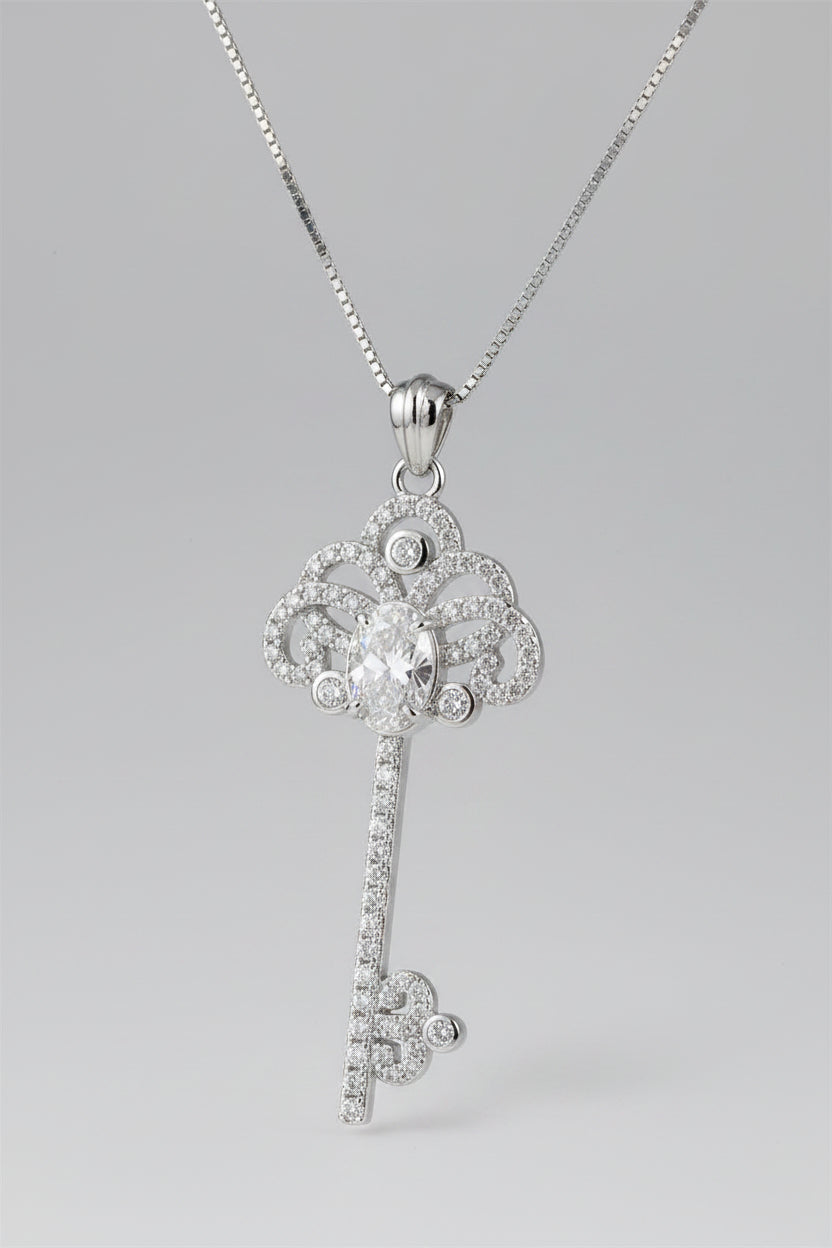 Moissanite Key Pendant Necklace - 1 Carat Platinum-Plated Velanci