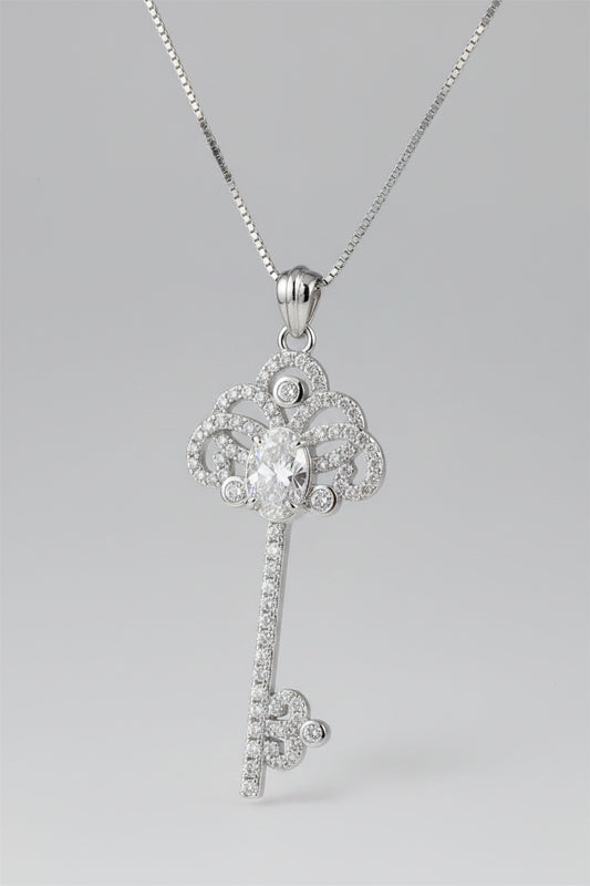 Moissanite Key Pendant Necklace - 1 Carat Platinum-Plated Velanci