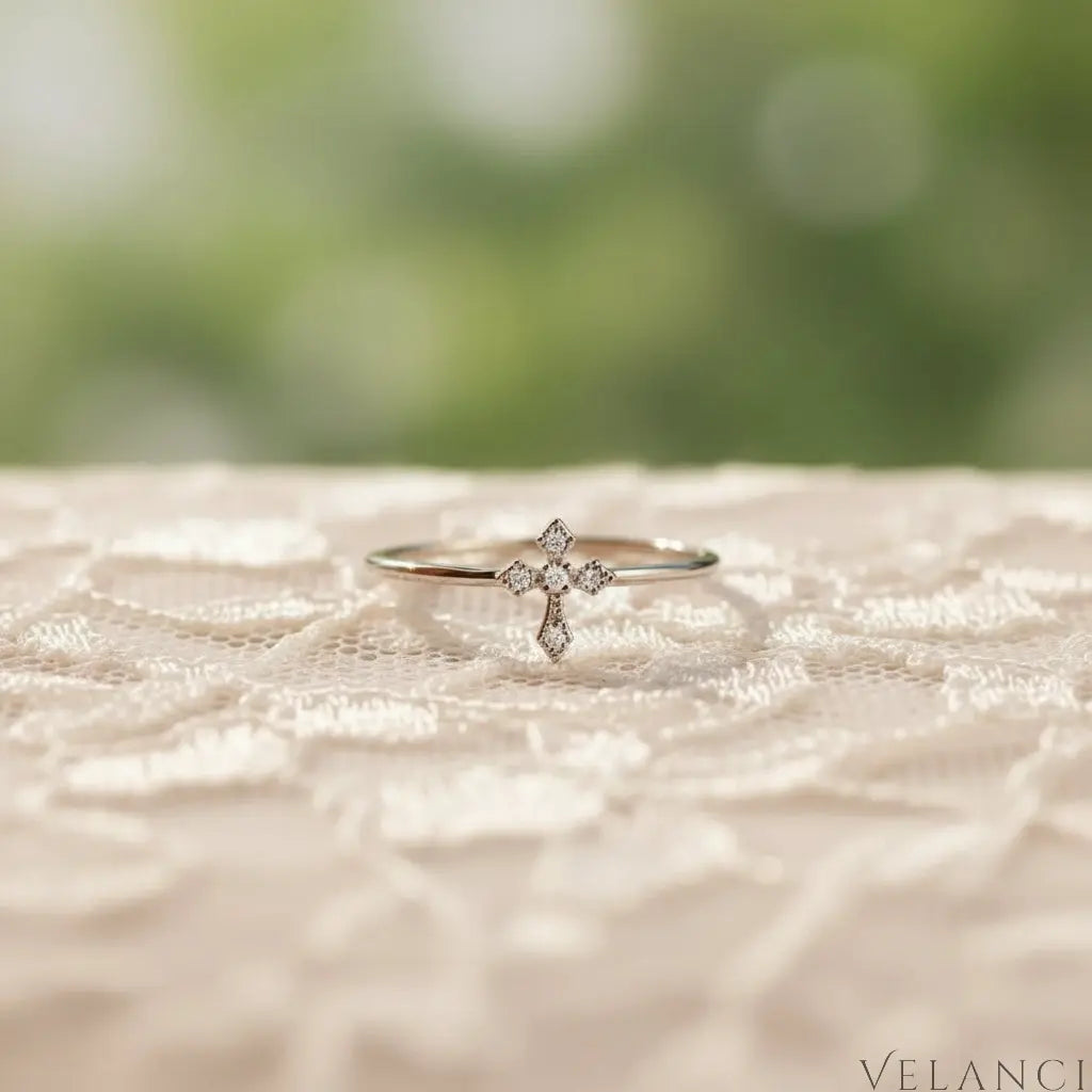 Sterling Silver Zircon Cross Ring Bianca - Delicate Sparkle Velanci