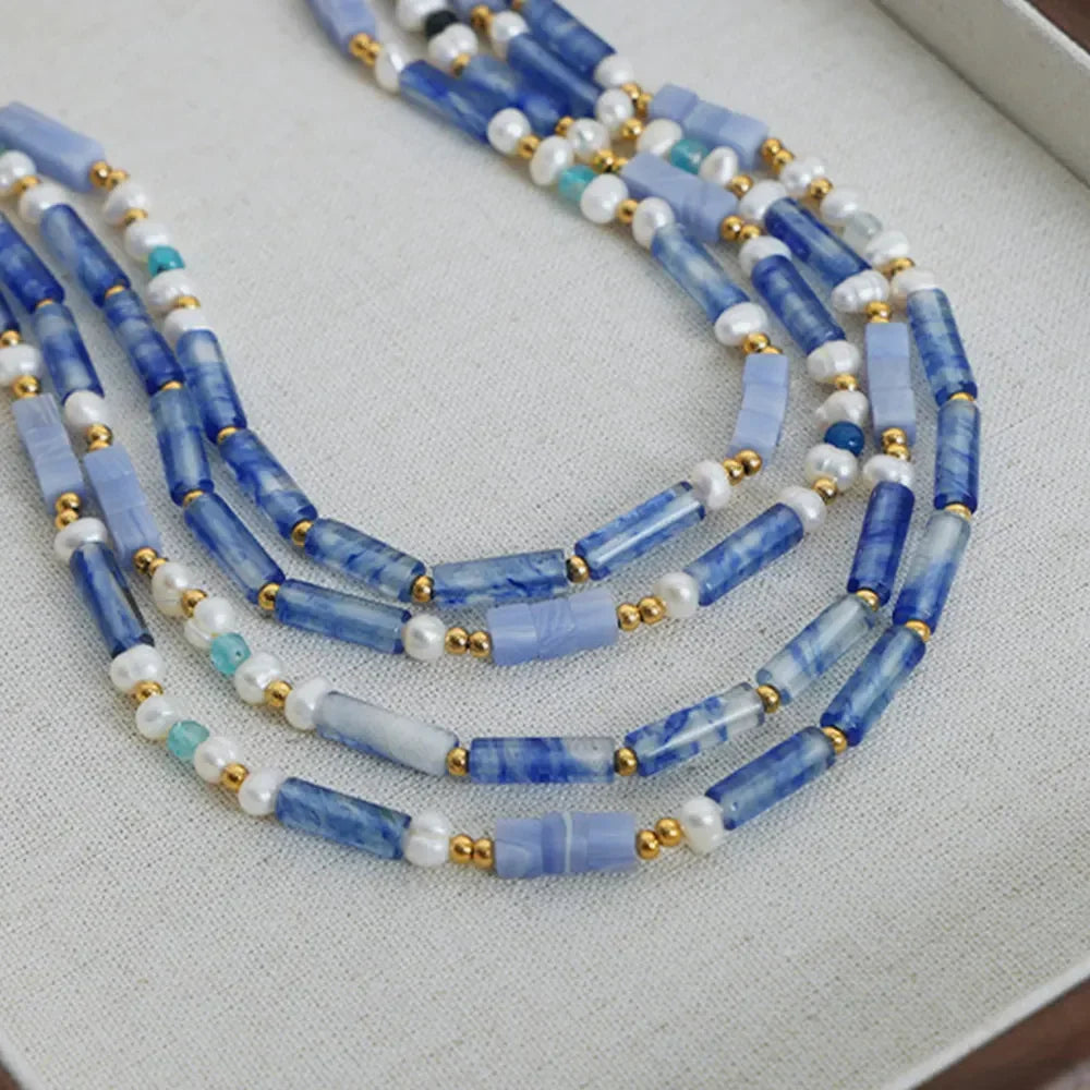 Geometric Pearl Necklace - Blue Chalcedony Pendant Velanci