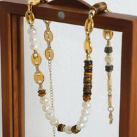 Tiger's Eye Freshwater Pearl Necklace - 18K Gold-Plated Velanci